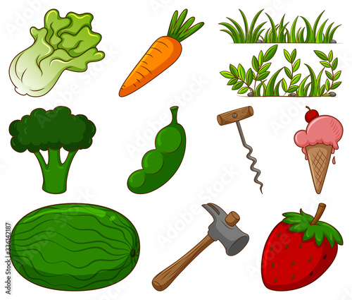 Large set of different food and other items on white background