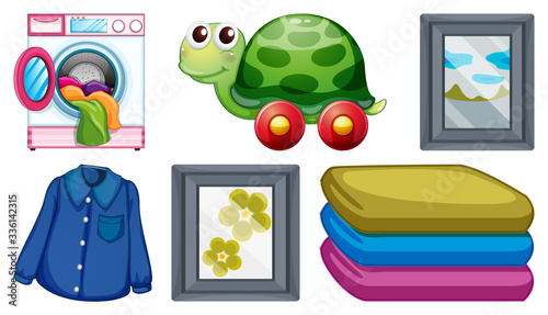 Large set of household items on white background