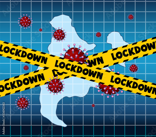 Coronavirus poster design with word lockdown and virus cells