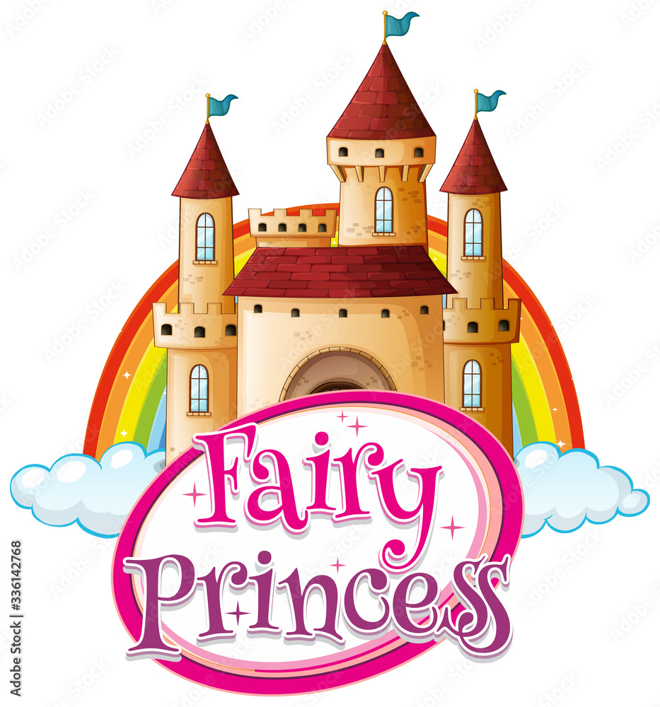 Font design for word fairy princess with big castle on the clouds