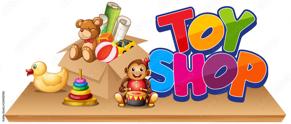 Obraz premium Font design for word toy shop with many toys on white background