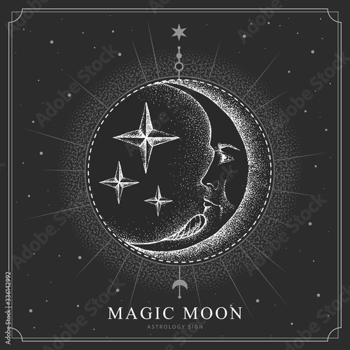 Modern magic witchcraft card with astrology moon sign with human face. Realistic hand drawing illustration of moon with human face