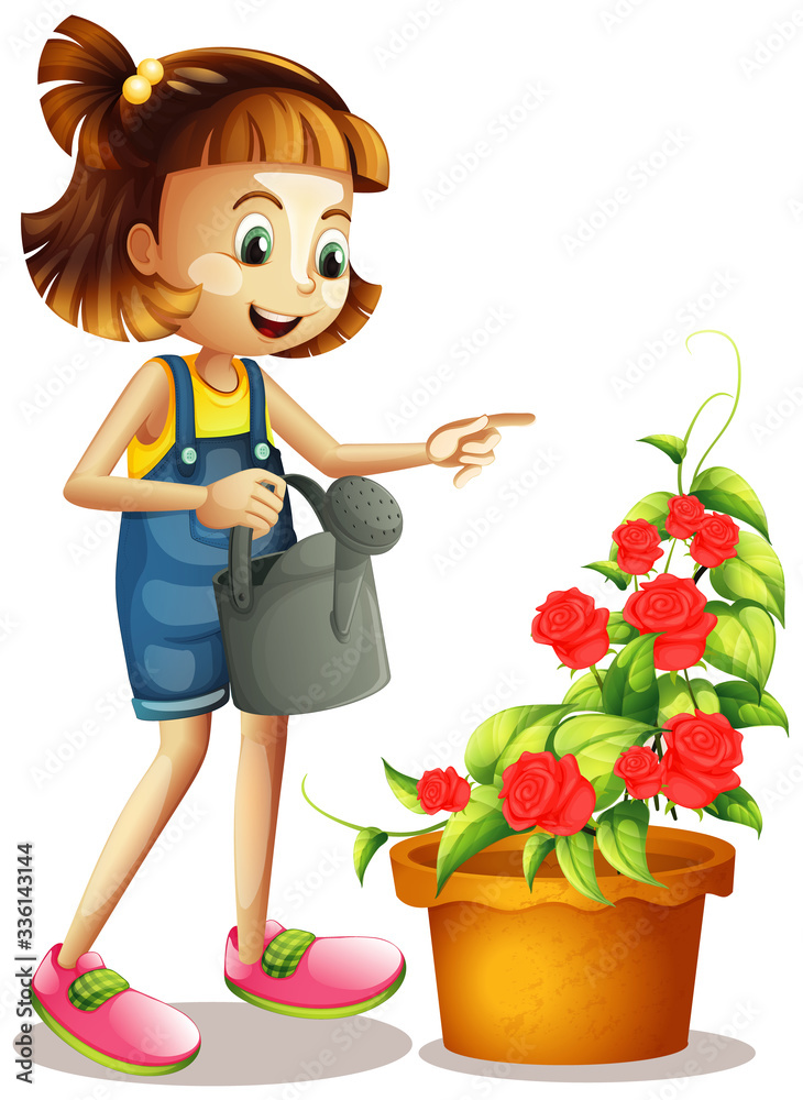 Happy girl watering roses in the garden