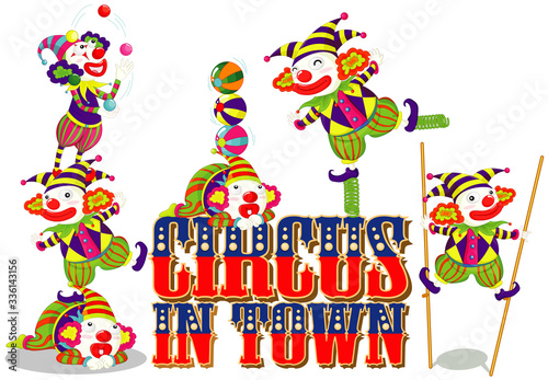 Font design for word circus in town with happy clowns