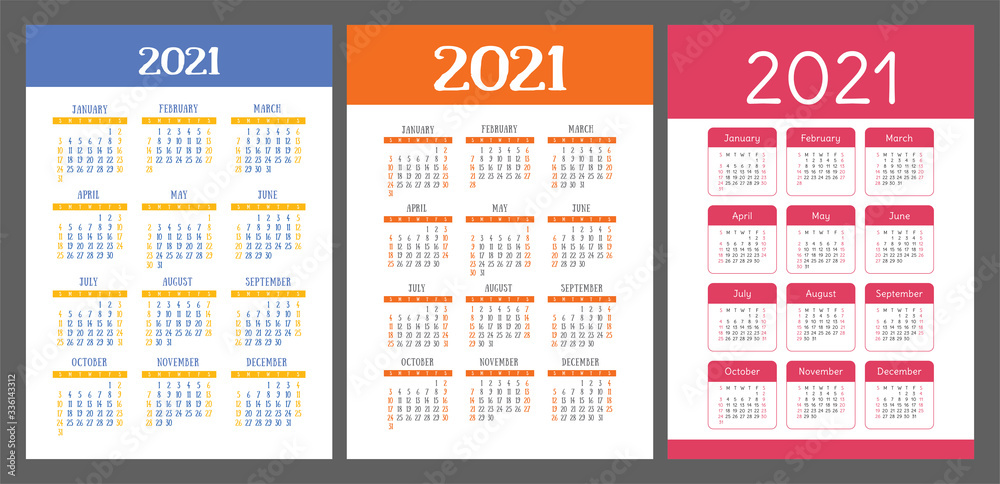 Calendar 2021 year set. Vector pocket or wall calender template collection. Simple design. January, February, March, April, May, June, July, August, September, October, November, December Calendar 2021 year set. Vector pocket or wall calender template collection. Simple design. January, February, March, April, May, June, July, August, September, October, November, December
