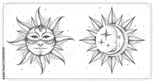 Modern magic witchcraft card with astrology sun and moon sign with human face. Day and nignt. Realistic hand drawing illustration of sun and moon with human face