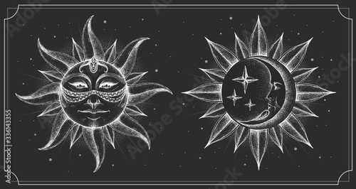 Modern magic witchcraft card with astrology sun and moon sign with human face. Day and nignt. Realistic hand drawing illustration of sun and moon with human face
