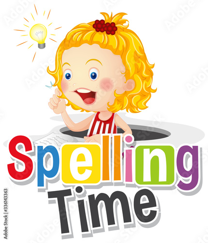 Font design for word spelling time with girl smiling