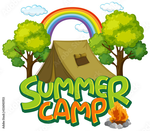 Font design for word summer camp with tent in the forest