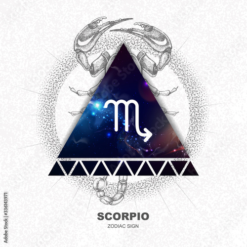 Modern magic witchcraft card with astrology Scorpio zodiac sign on space background. Realistic hand drawing scorpion illustration