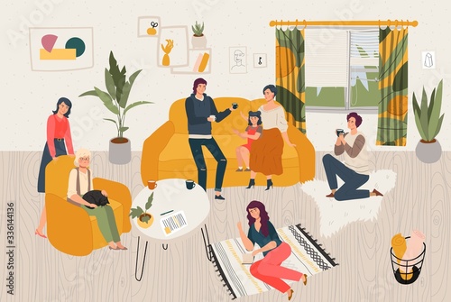 Hygge home big family together, people siiting in scandinavian style room spending time at cosy home flat vector illustration. Mother, father, daughter, grandmother with cat in armchair hyggie home.