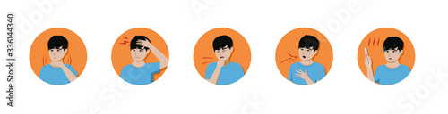 Sick Asian man exhibits disease symptoms: sore throat, headache,cough, shortness of breath, high fever. Coronavirus, flu symptoms for infographic. Disease manifestations. Set of isolated illustrations