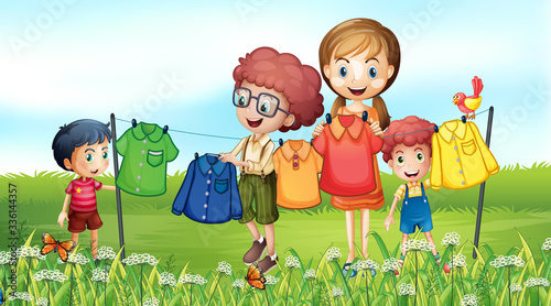 Nature scene background with family doing laundry in the garden