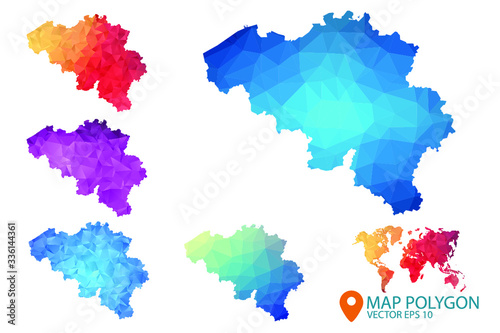 Belgium Map - Set of geometric rumpled triangular low poly style gradient graphic background   Map world polygonal design for your . Vector illustration eps 10.