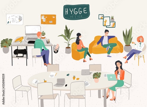 Freelancers office hygge interior workplace or home office with stylish comfy furniture and people designers with laptops flat vector illustration. Scandinavian freelance interior in hygge style.
