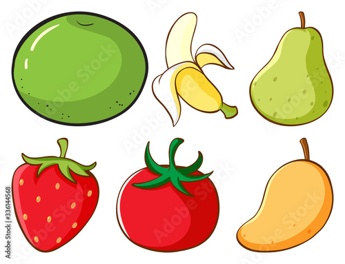 Large set of different types of fruits and vegetables on white background
