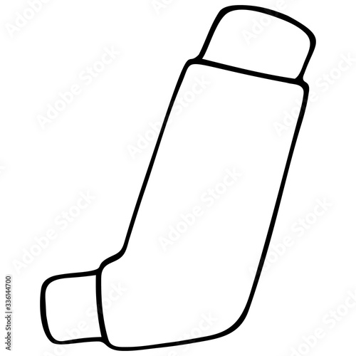 Inhaler. The device is used for bronchial asthma. Medicine for spasm of the lungs. Vector illustration. Outline on an isolated background. Sketch. Doodle style. Hand-drawn drawing. Medical subject. 