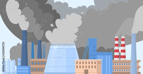 Heavy industry nature pollution plant or factory pipes flat vector illustration of ecology and nature polluted concept. Enviroment, energy power manufacturing gas and smoke urban technology.