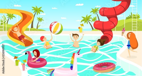 Waterpark for kids in summer, girls and boys swimming slidescartoon vector illustration. Kids playing and enjoying at water park pool on holiday vacation. Aquapark amusement and resort joy.