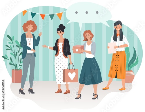 Happy birthday, smiling guests with presents gifts came to womans party anniversary cartoon vector illustration. Group of friends came to surprise and celebrate Welcome birthday guests.