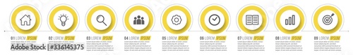 Minimal Business Infographics template. Timeline with 9 steps, options and marketing icons .Vector linear infographic with nine conected elements. Can be use for presentation.