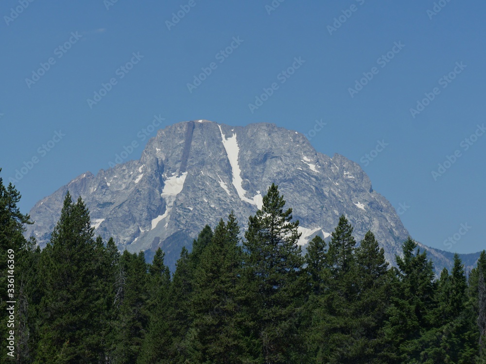 Obraz premium Snow-capped mountain top with the tops of pine trees in the foreground, Grand Teton National Park, Wyoming.