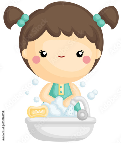 A Vector of Cute Girl Wash Hands with Foaming Soap and Water 