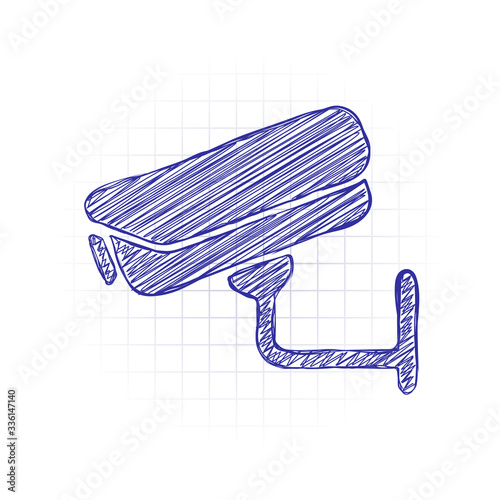 Security camera. Technology icon. Hand drawn sketched picture with scribble fill. Blue ink. Doodle on white background