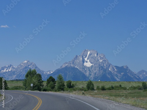 Distant view of the snow-capped mountain ranges at the Grand Teton National Park, Wyoming.