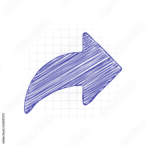 Share icon with arrow. Hand drawn sketched picture with scribble fill. Blue ink. Doodle on white background