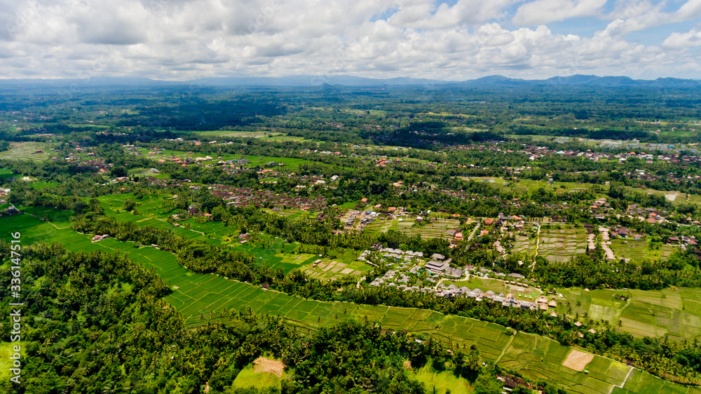 A typical view of a Balinese village in the jungle. Aerial view, Bali, Indonesia.