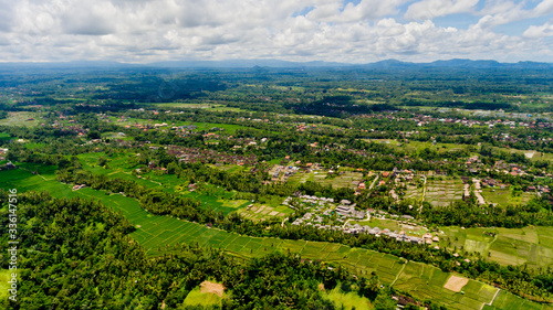 A typical view of a Balinese village in the jungle. Aerial view  Bali  Indonesia.