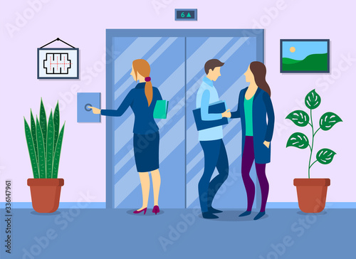 Cartoon Color Characters People and Waiting Elevator Concept. Vector