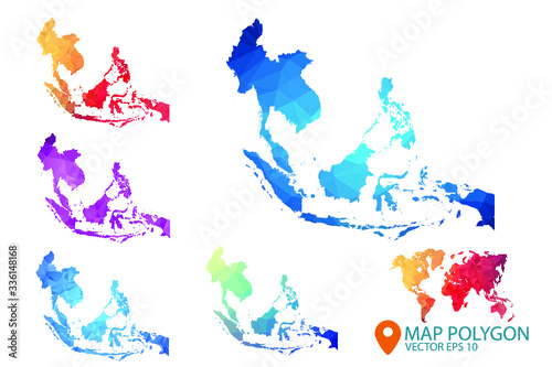 Southeast Asia Map - Set of geometric rumpled triangular low poly style gradient graphic background   Map world polygonal design for your . Vector illustration eps 10.