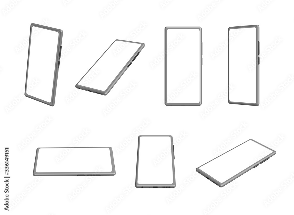 smartphone mock-up set in different position, mobile phone collection, 3d rendering, perspective, isometric, gray and metallic smartphone mock-up set in different position, mobile phone collection, 3d rendering, perspective, isometric, gray and metallic