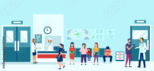 Vector of people sitting on chairs and waiting for doctor appointment in a medical clinic.