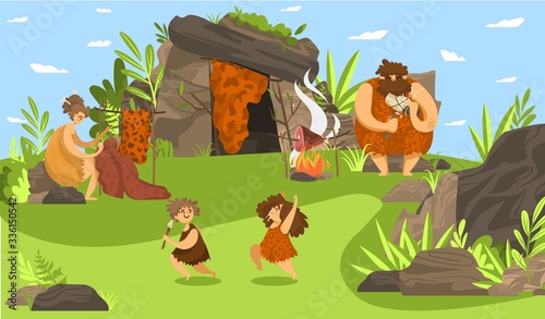 Primitive people family, happy prehistoric children playing, stone age parents using tools, vector illustration. Caveman cartoon character, happy boy and girl outdoor, cave shelter settlement dwelling