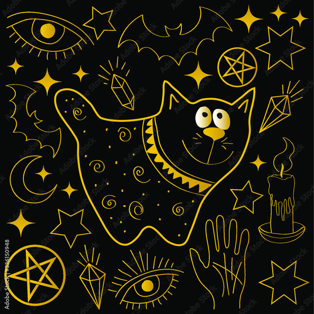 Mystical set with a cute cat, bats, crystals and candles for creative Halloween design, magic illustrations. Vector.