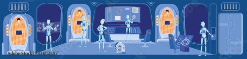 Robot control spaceship mission with people in stasis capsules, science fiction scene, vector illustration. Humanoid machines navigating spacecraft, futuristic technologies, console panel station