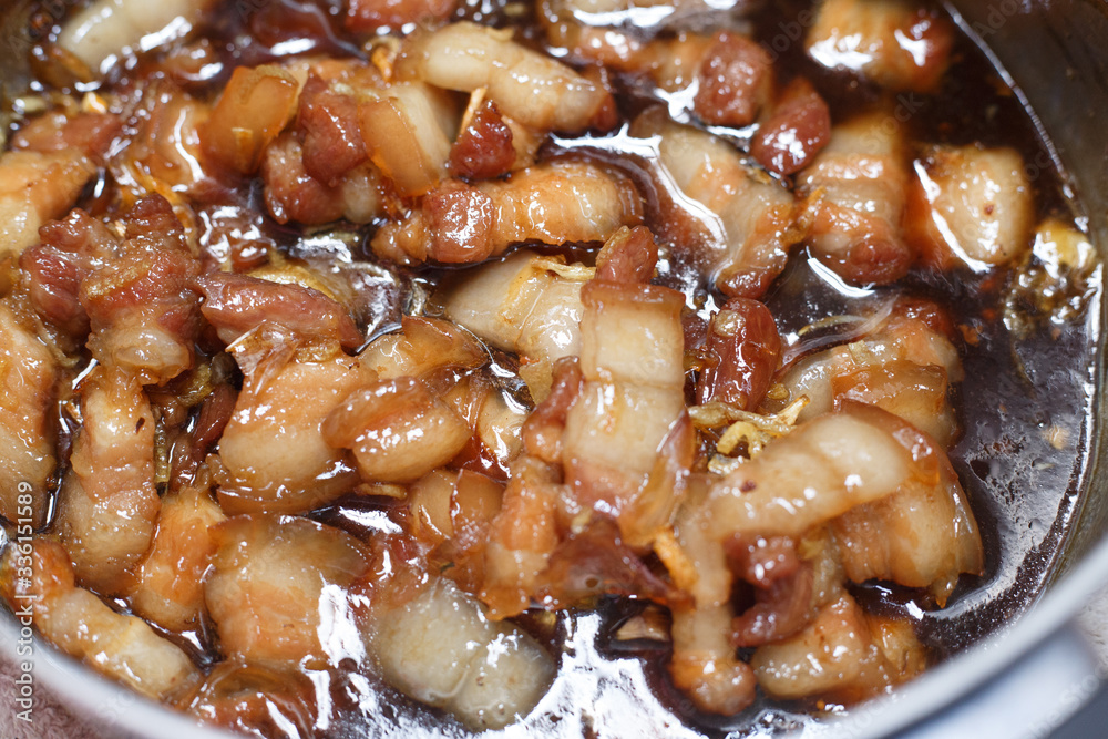Sweet pork Stew in sugar close up Sweet pork Stew in sugar close up