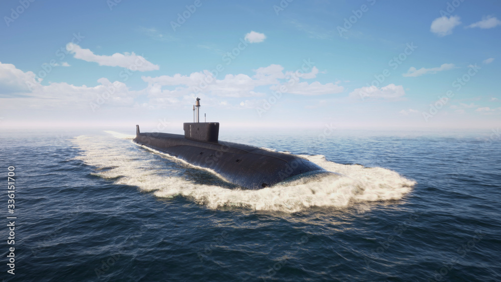 Fototapeta premium Heavy atomic submarine floating in ocean
