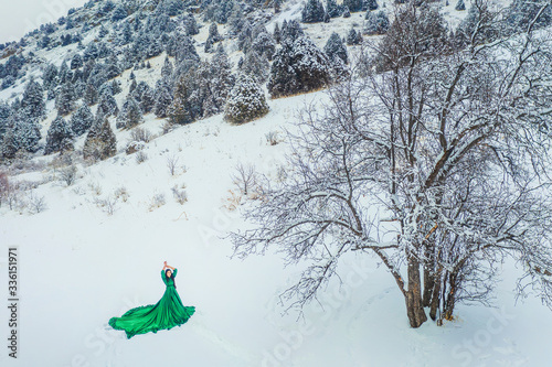 A girl in fabulous long green dress in snow-covered mountains. A woman in a fairy-tale dress in mountains in winter. Winter fairytale photo session photo session in Sairam su Kazakhstan aerial view photo