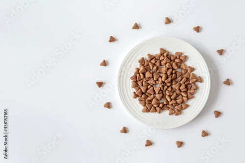 Domestic cat food. Minimalism top view flat lay plate with white dry food. Pet care.