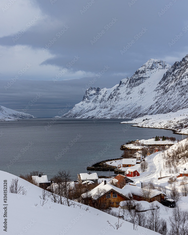 villaggio di pescatori con le case rosse in Norvegia oltre il circolo polare artico