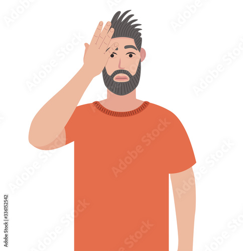 Bearded man with a gestures facepalm. Headache, disappointment or shame. Vector illustration in cartoon style.