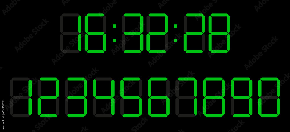 Digital LED numbers. Electronic or digital clock counter with LED figures. Flat style. Isolated on black background. Vector Digital LED numbers. Electronic or digital clock counter with LED figures. Flat style. Isolated on black background. Vector