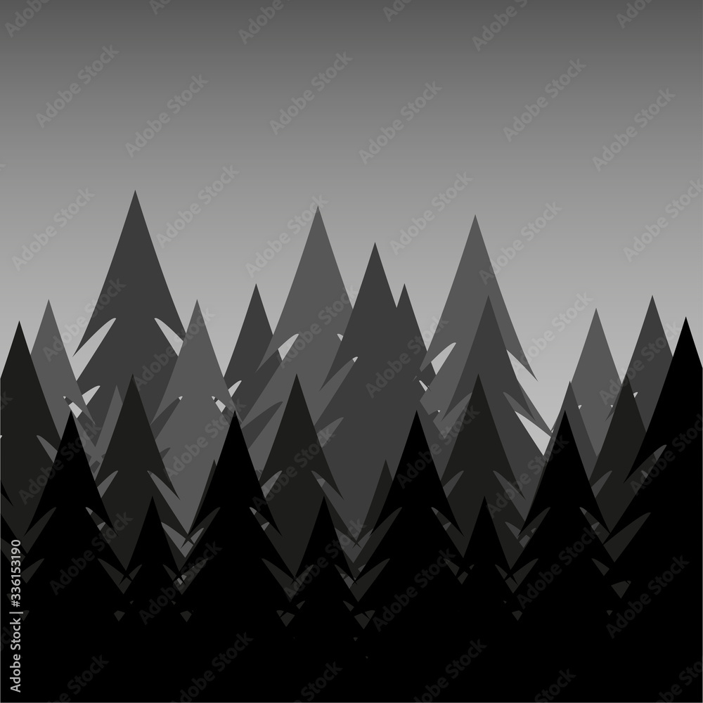 Fototapeta premium Background of night pine forest, nature, landscape. Abstract silhouettes of forest trees, natural landscape of coniferous trees. Flat style. Vector
