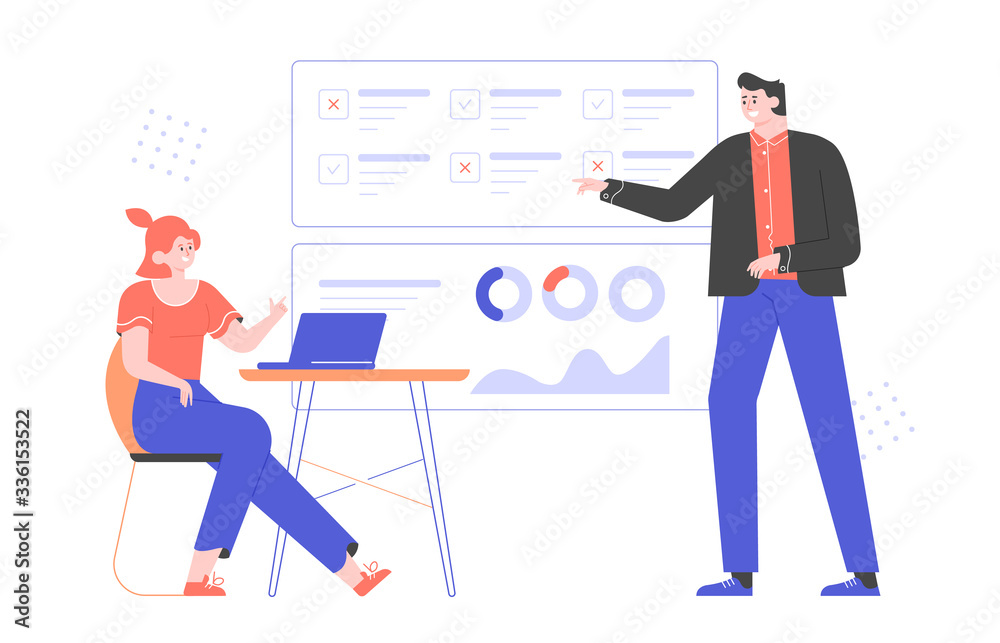 Colleagues in a meeting at the office. Discussion, presentation, financial report. Girl sitting with a laptop, a man shows on the charts. Brainstorm and teamwork. Vector flat illustration. Colleagues in a meeting at the office. Discussion, presentation, financial report. Girl sitting with a laptop, a man shows on the charts. Brainstorm and teamwork. Vector flat illustration.