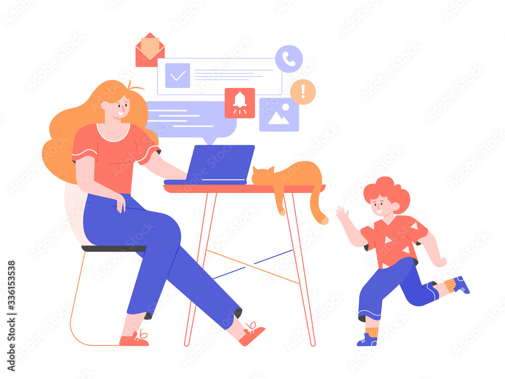 Young mom freelancer works remotely at home from laptop. The little son is playing nearby, the cat is sleeping on the desk. Vector flat illustration.