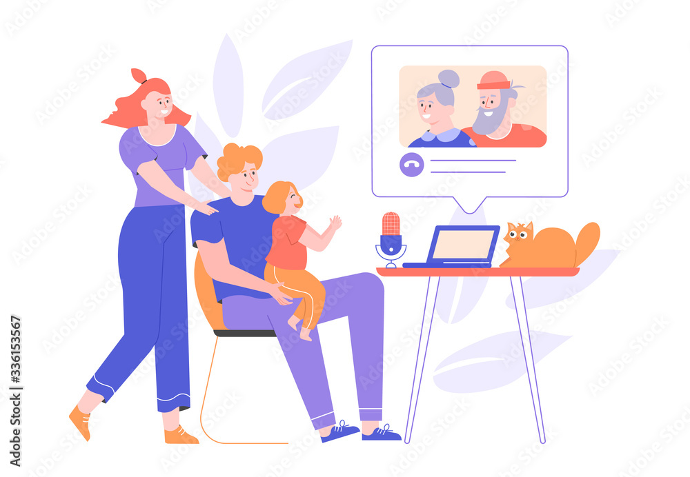 Fototapeta premium Parents and little daughter call grandparents from a laptop. Online chat, video call, remote communication with relatives. Family together. Quarantine and self-isolation. Vector flat.